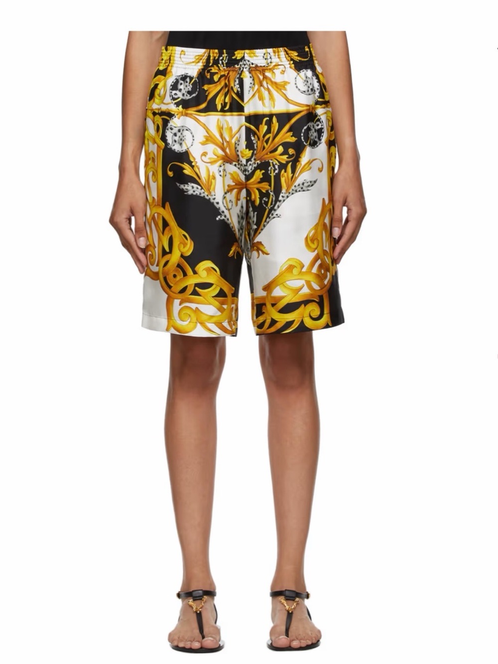 Versace Black, White & Gold Baroque-Print Silk Bermuda Shorts